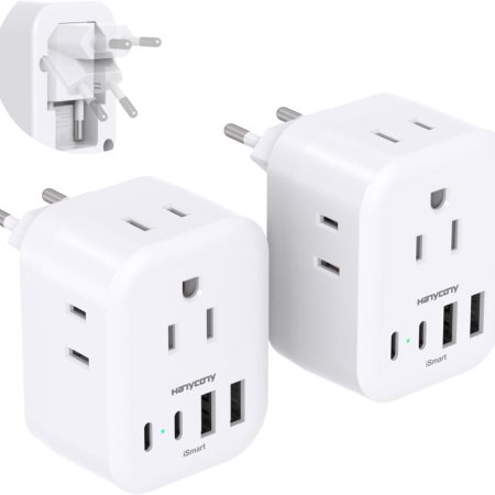 2 Pack European Travel Plug Adapter, International Power Adapter with 4 Outlets 4 USB C Ports (2 USB C), Foldable Type C Adapter for US to Most of Europe EU Italy Spain Greece Portugal France Germany