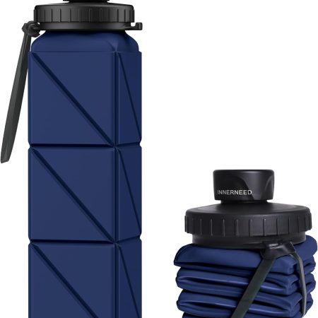 INNERNEED Collapsible Water Bottle, Reuseable BPA Free Silicone Foldable Water Bottles for Travel Gym Camping Hiking, 20.6 fl.oz, Portable, Food-Grade, Leak Proof (1 Pack, Dark Blue)