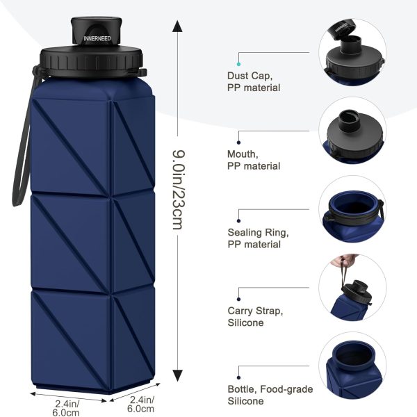 INNERNEED Collapsible Water Bottle, Reuseable BPA Free Silicone Foldable Water Bottles for Travel Gym Camping Hiking, 20.6 fl.oz, Portable, Food-Grade, Leak Proof (1 Pack, Dark Blue) - Image 3