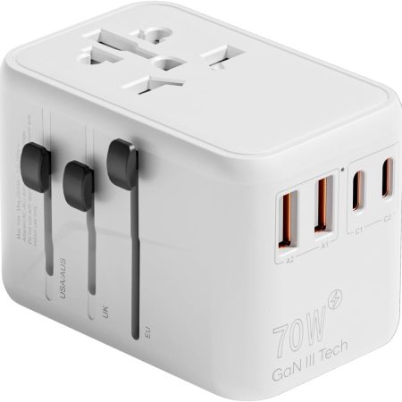 Universal Travel Adapter, International Power Adapter with 2 USB-C and 2 USB-A Ports, 70W Worldwide Travel Wall Charger for UK、Europe、USA、Australia,White.